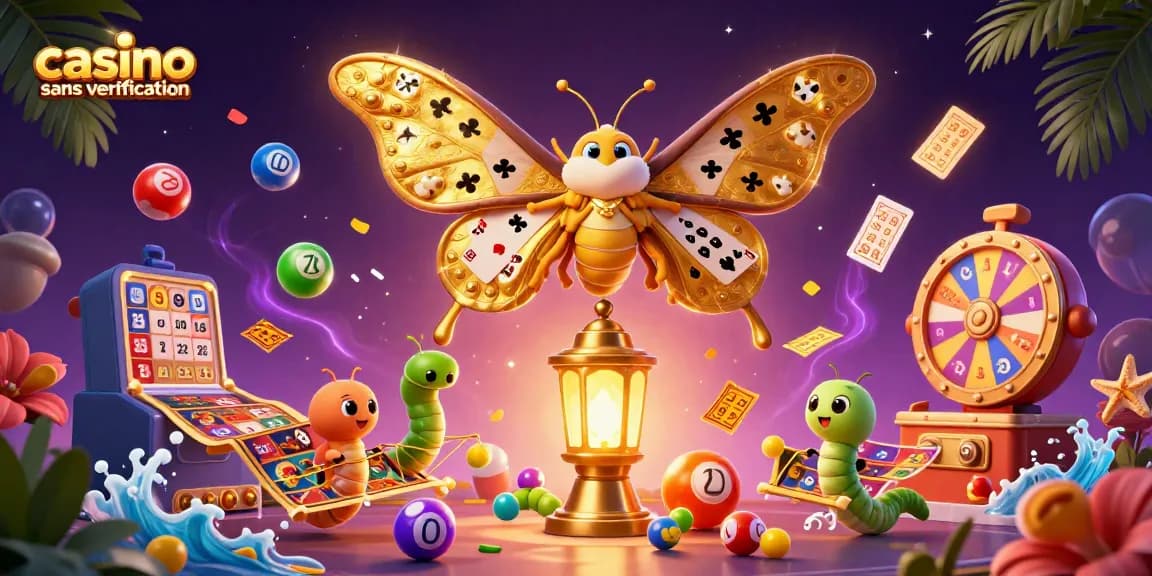 Jouez aux jeux de casino sans vérification avec des balles de loterie colorées et un papillon majestueux.