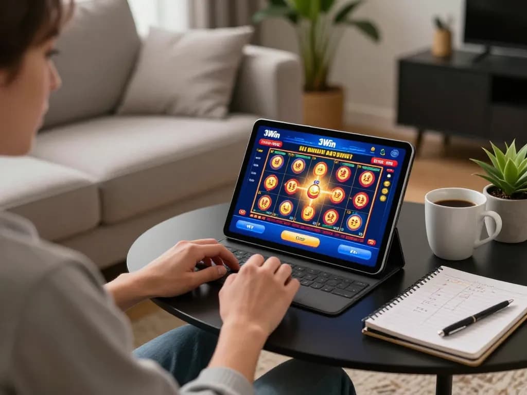 Engaging with the 3Win blue app for exciting online gambling in a cozy home setting.
