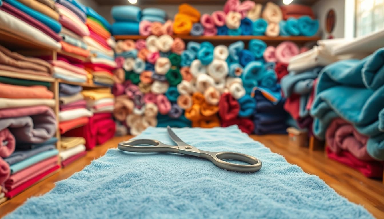 Koop fleece stof per meter met kleurrijke exemplaren in een gezellige werkplaats.