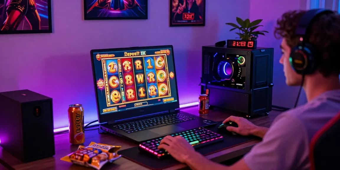 Exciting slot deposit 1k gaming session with colorful slot reels and gaming setup.