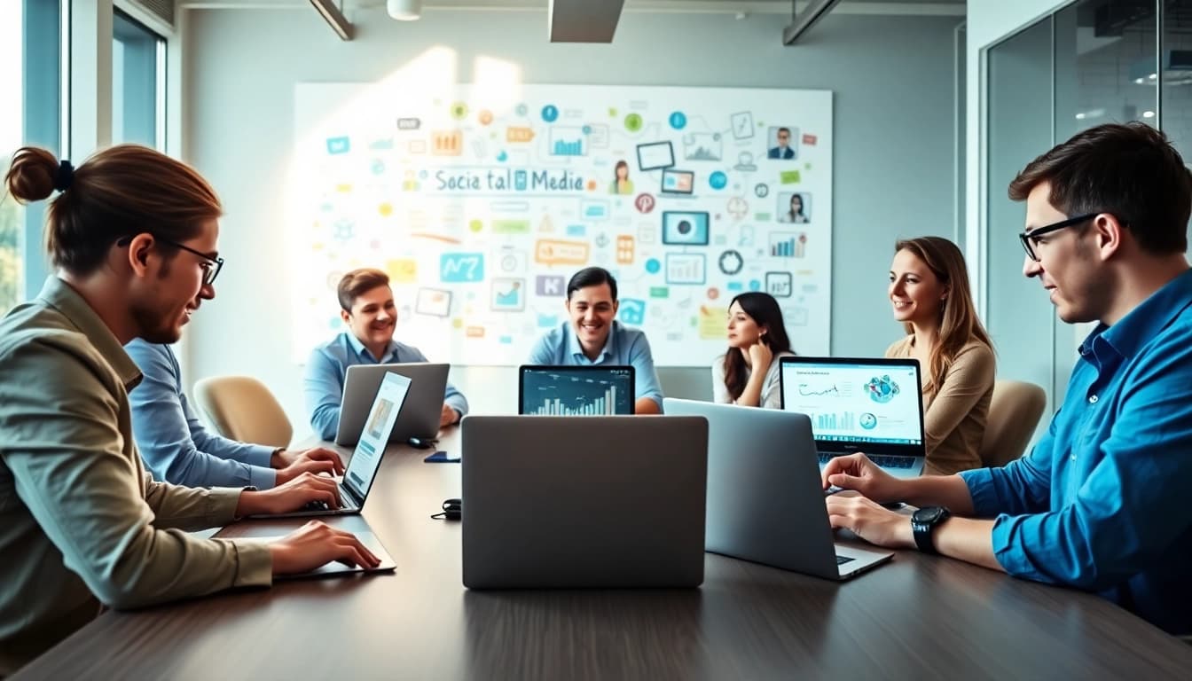 Engaged team of social media marketing companies edmonton discussing strategies in a bright office.