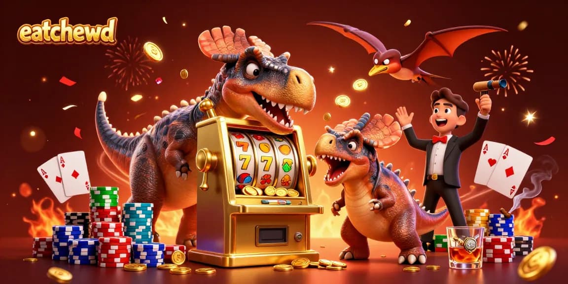 eatchewd dynamic casino scene with a dinosaur hitting a slot machine for jackpot coins