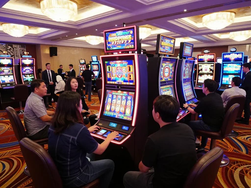 Players enjoying slot gacor 777 at colorful casino machines, excitement visible on their faces.