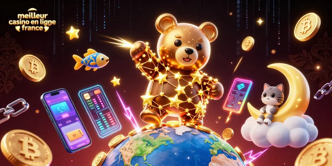 Illustration du meilleur casino en ligne France avec un ours constellation, pièces d'or et éléments de jeu numériques.