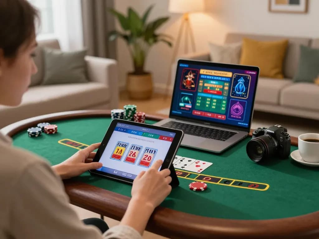 KJC player enjoying live blackjack on tablet in cozy, stylish living room.