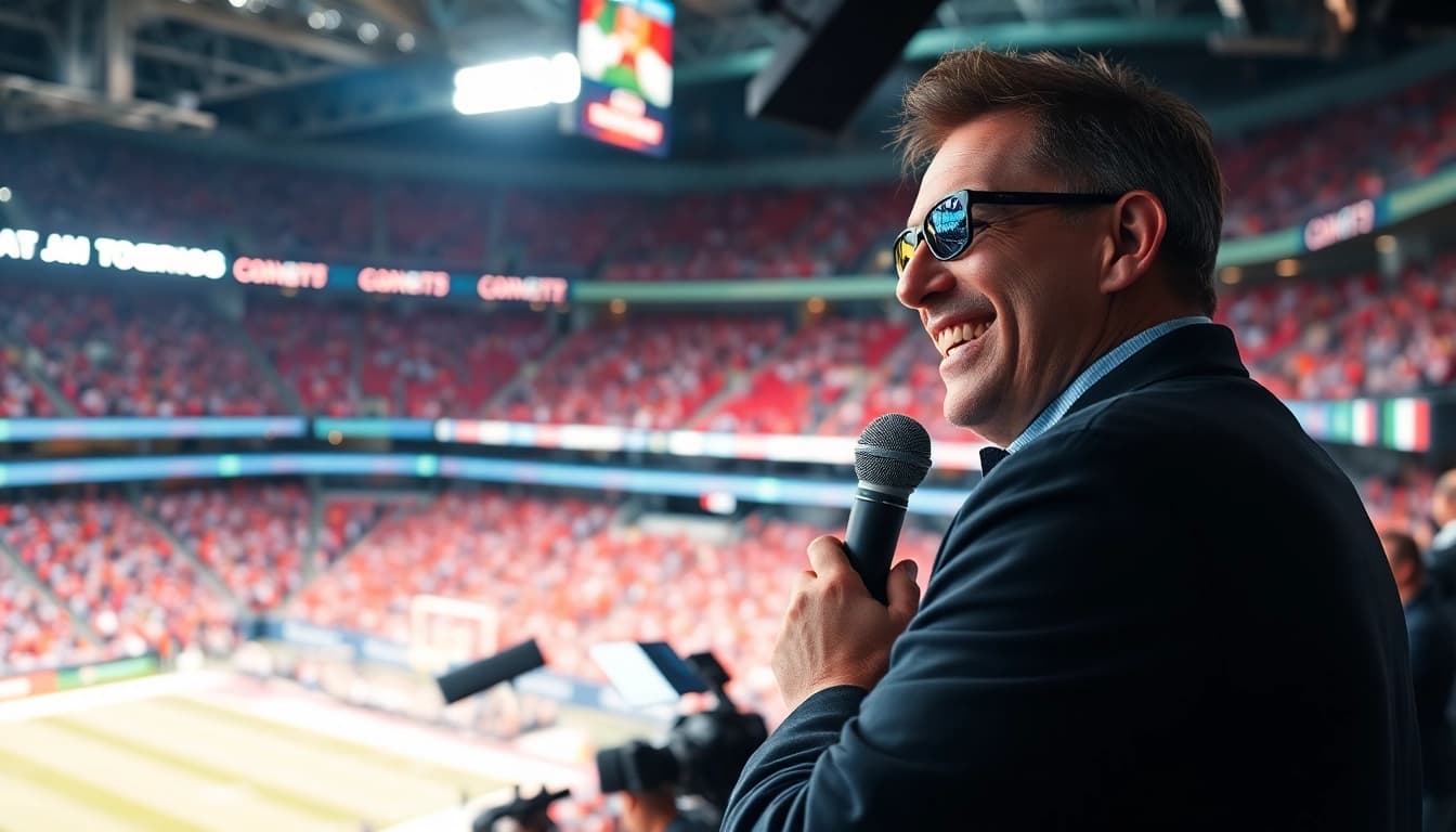 Engaging sports broadcasting setup highlighting the announcer in a vibrant arena.
