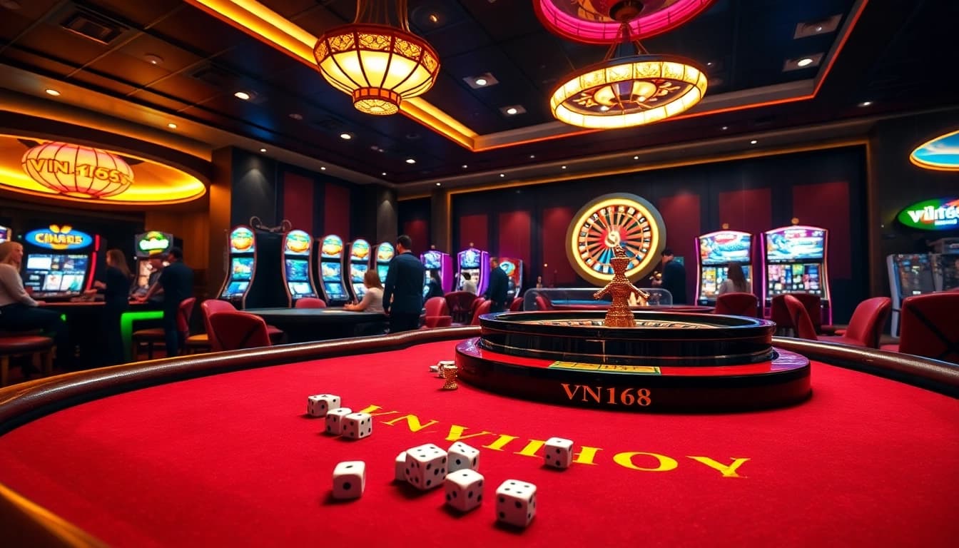 Engage in the thrilling atmosphere of VN168 casino gaming with vibrant tables and lively slot machines.