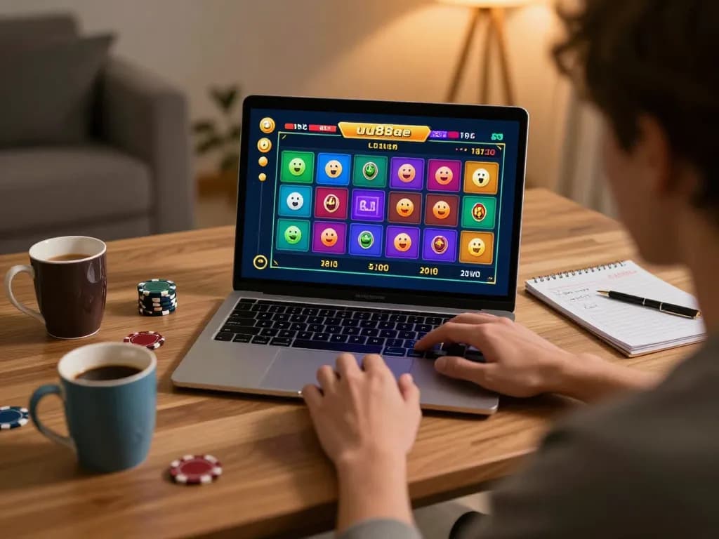Engaging in online casino gameplay on uu88ae with a laptop, showcasing colorful gaming interface.