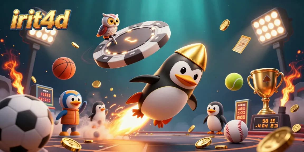 Engage in thrilling gaming action with irit4d, featuring a golden penguin and sports elements.