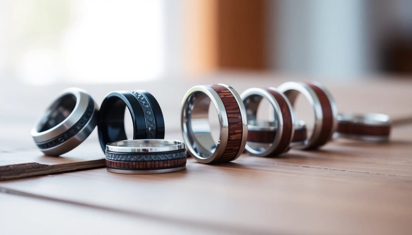 Admire Unique Wedding Bands for Men featuring diverse designs and materials placed on a wooden surface.