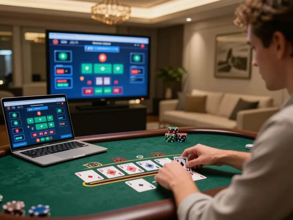 Player engages in strategic Blackjack gameplay on Ok9's online casino platform with an elegant home atmosphere.
