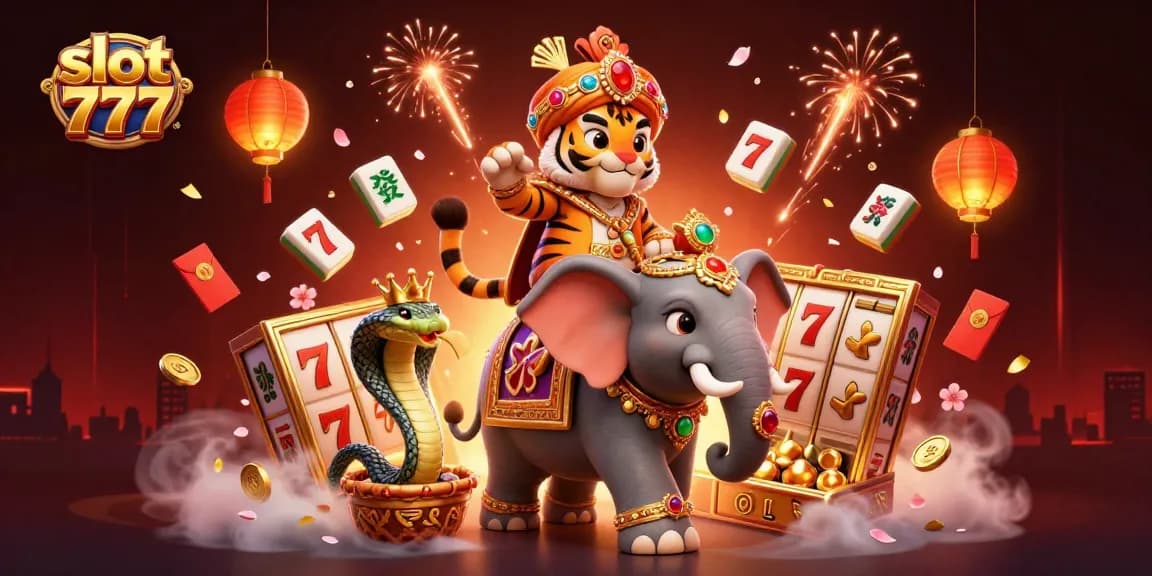 Engage with the vibrant scene of slot 777 featuring a maharaja tiger, elephant, and exciting casino elements.
