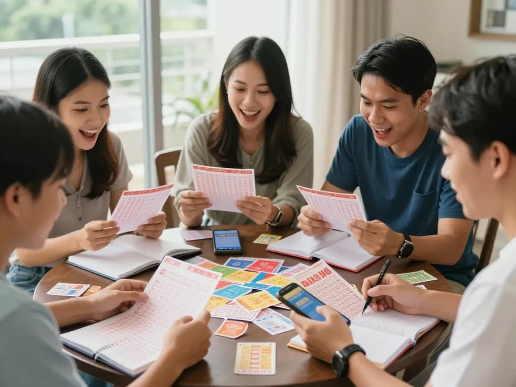 Engaged players analyzing xổ số hubet88 strategies at a coffee table with colorful lottery tickets.