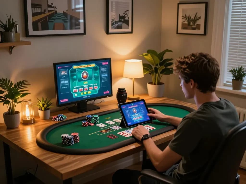 Engaged player enjoying may88 online blackjack game on tablet in cozy home setting
