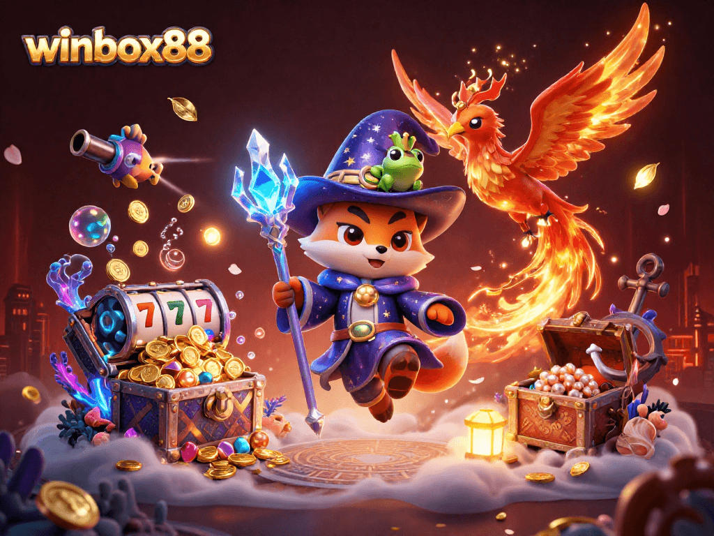 Experience thrilling gaming action with winbox88's enchanting casino adventure illustration.