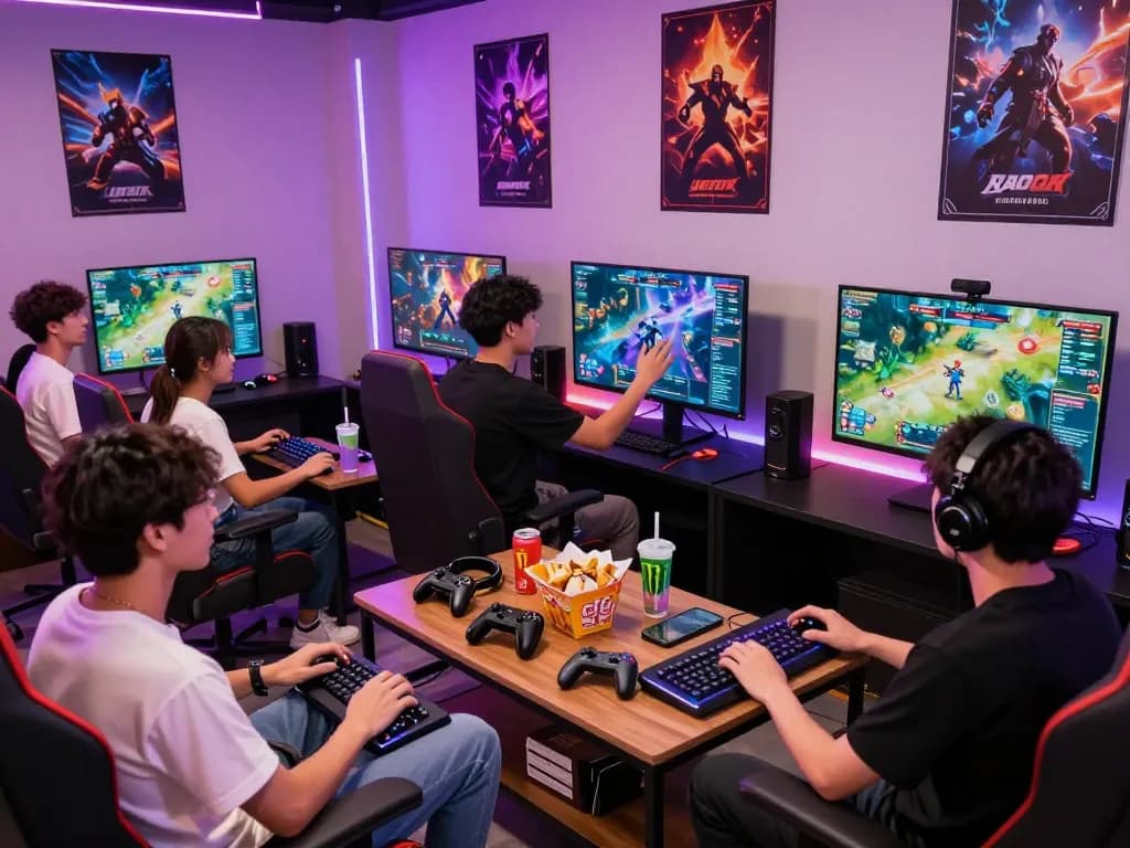Exciting modern gaming lounge showcasing www.mantra88.com experience with friends enjoying vibrant video games.