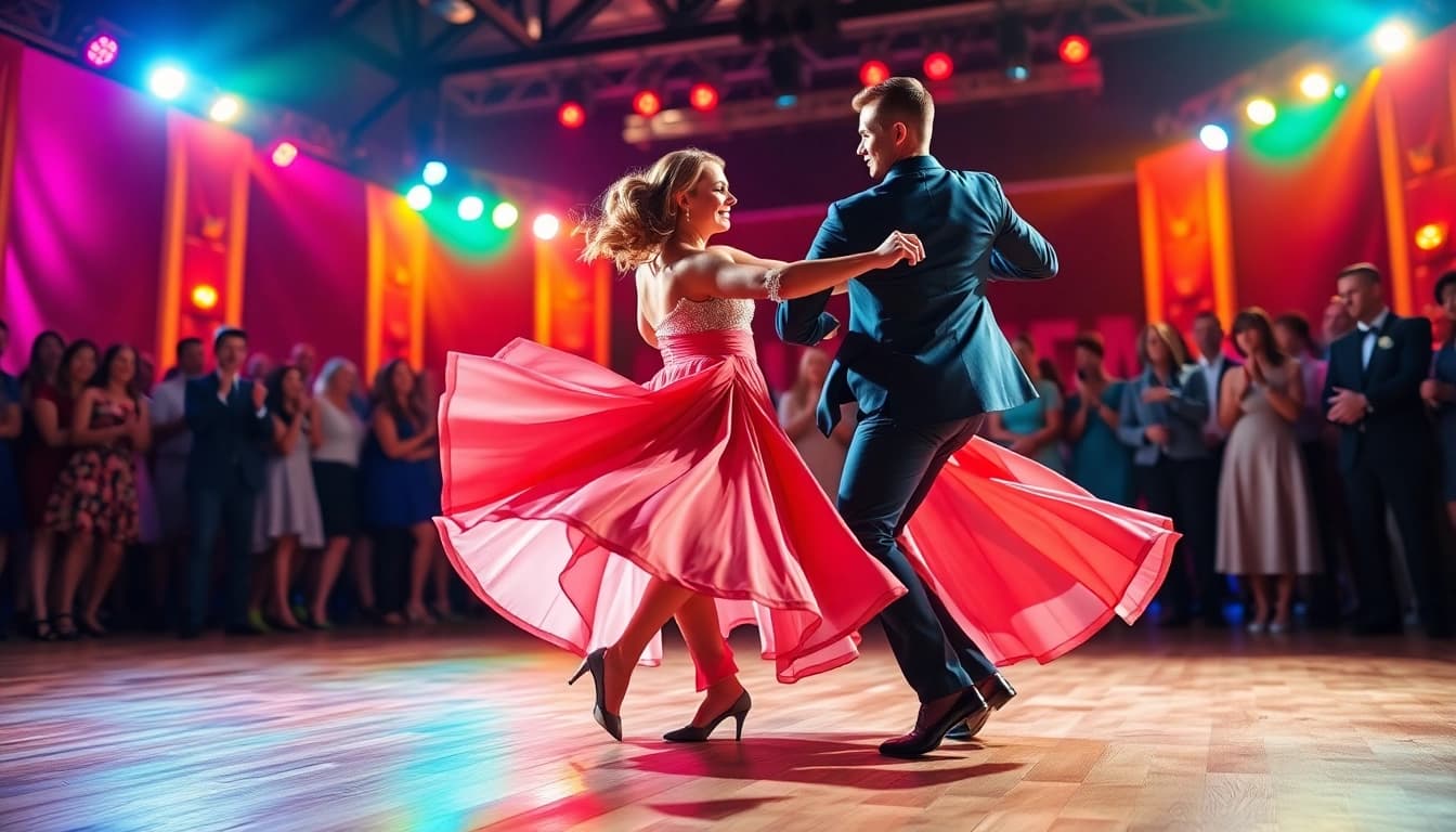 Engaged Carolina Dance couple performing on stage with vibrant lights and an captivated audience.