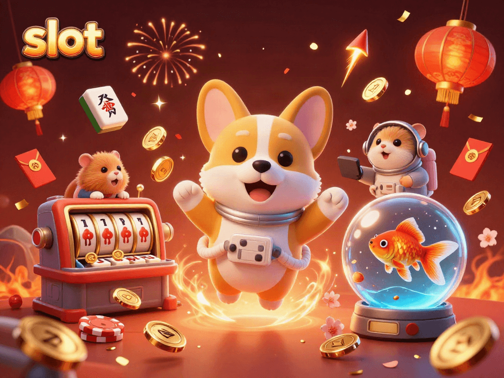 Experience excitement in slot gaming with a 3D astronaut corgi in a casino.