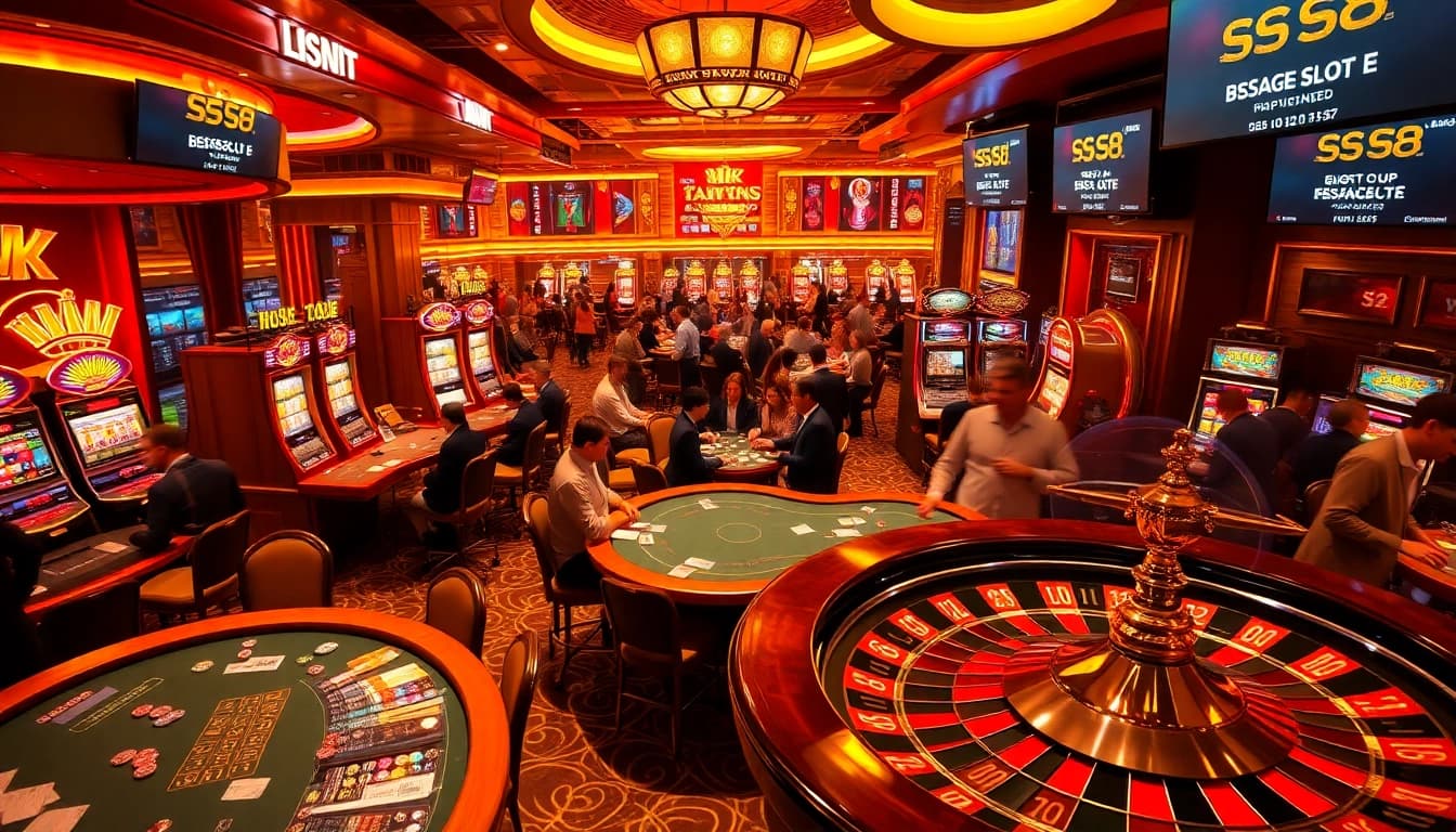 S8 Casino excitement with players at tables, colorful slot machines, and a spinning roulette wheel.