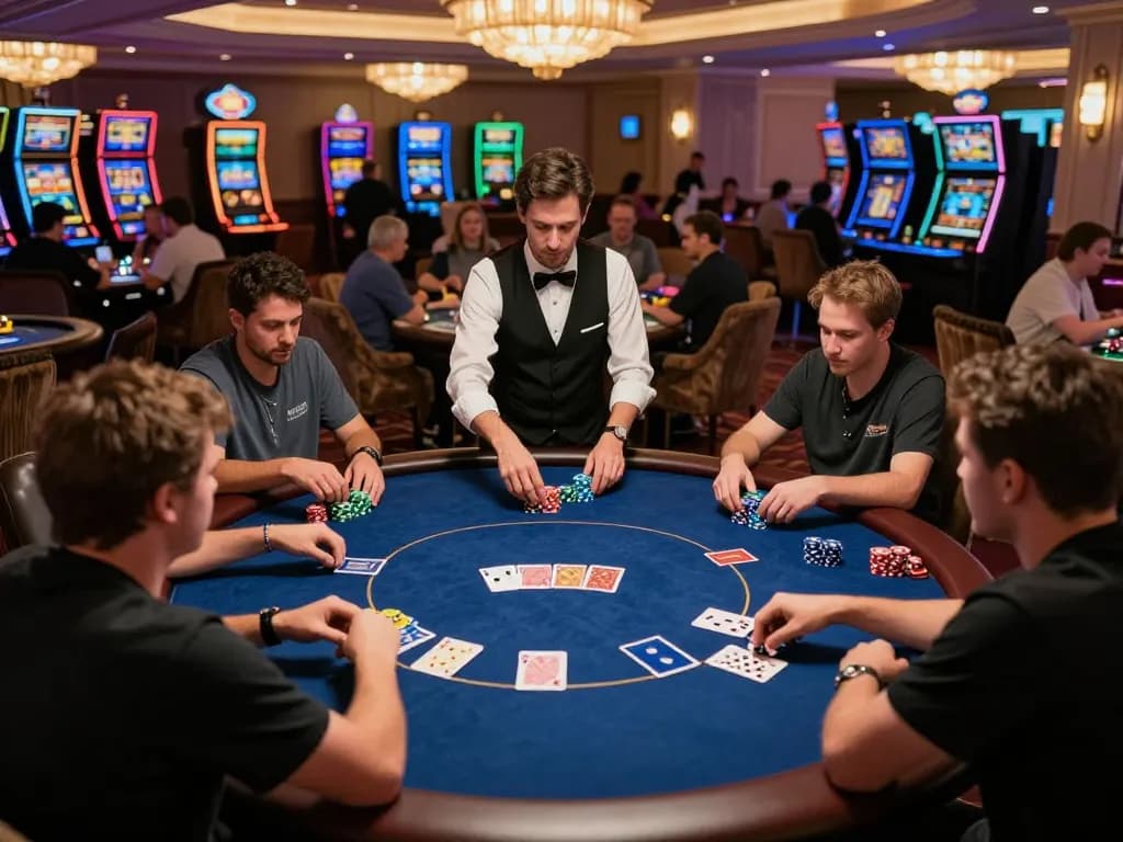 Players enjoy an engaging poker game at Fabet casino table, showcasing vibrant chips and cards in a lively atmosphere.