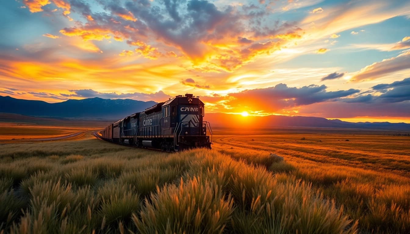Captivating view of great plains rail traveling through picturesque landscapes.