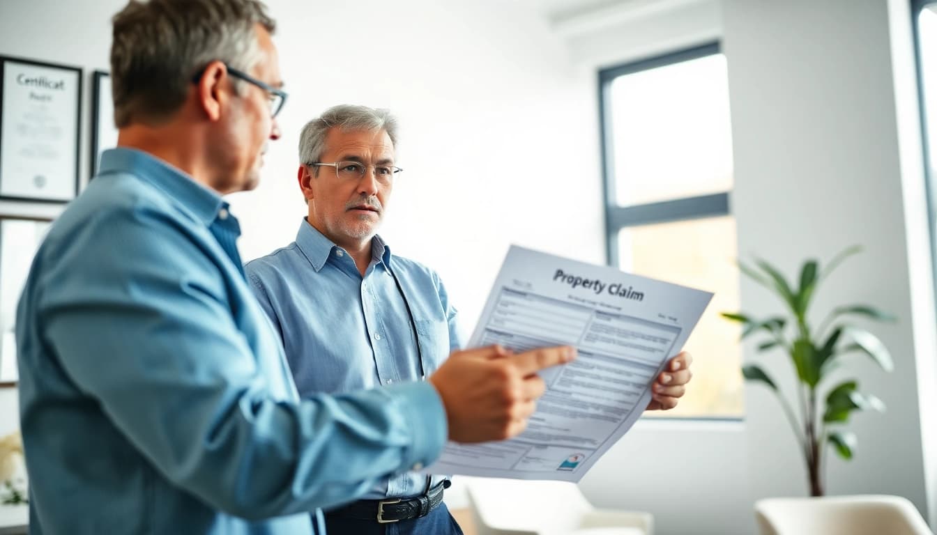 Public Adjuster Near Me assisting a homeowner in a modern office for insurance claims resolution.