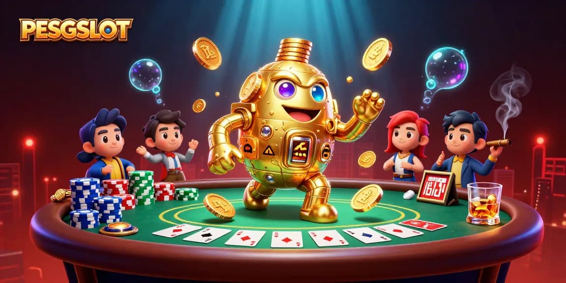 Menang besar dengan PESGSLOT melalui simbol mesin slot dan golem emas berkilau.