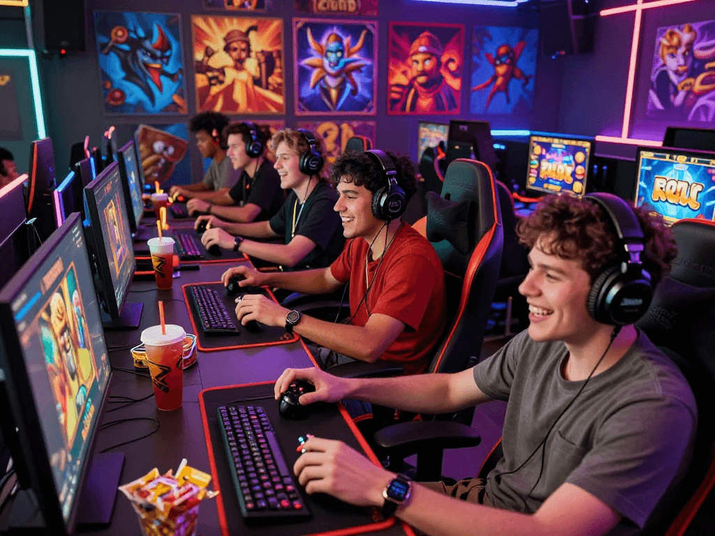 Pengalaman bermain slot gacor yang energik dengan pemain bersemangat di ruangan gaming modern
