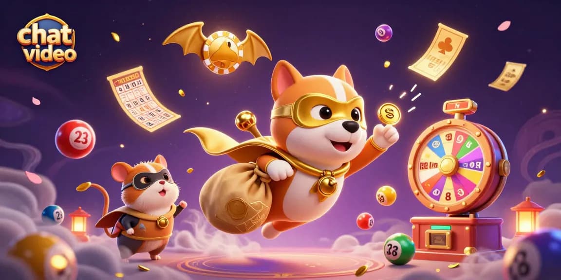 Chat video interaction with dynamic lottery elements and a superhero dog mascot.