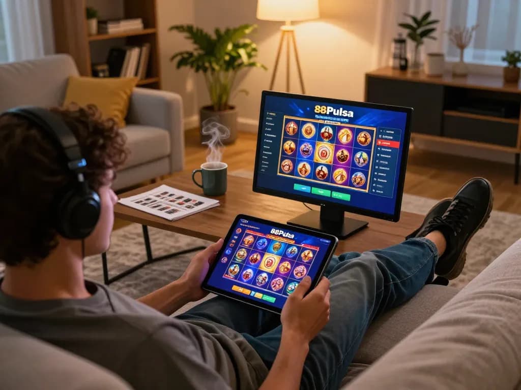 Menghadapi permainan slot 88Pulsa di tablet dalam pengaturan rumah yang nyaman dengan catatan taruhan.