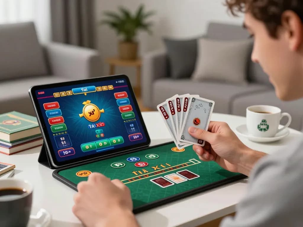 Cách Đọc Cầu Tài Xỉu Cho Người Mới player rejoicing after winning a game on a tablet in a stylish living room.