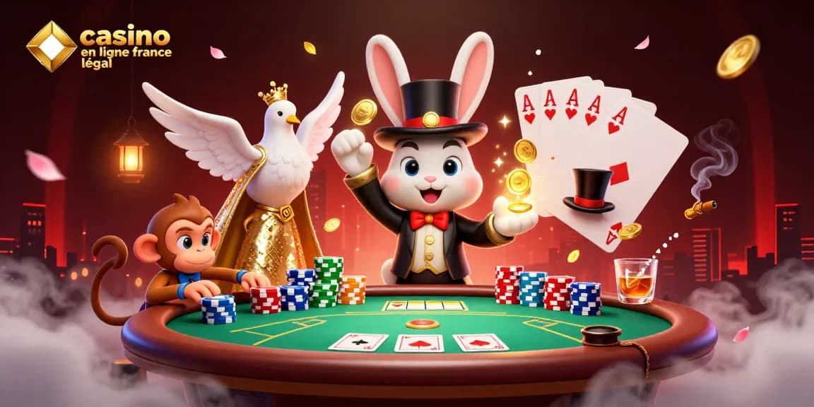 Illustration dynamique de casino en ligne France légal avec un lapin magicien et des jetons de poker.