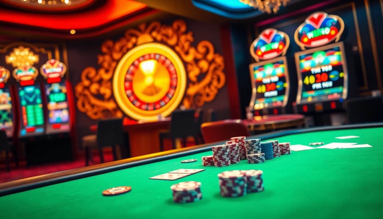 Engaging virtual gambling scene at vn168 showcasing poker, roulette, and slot machines.