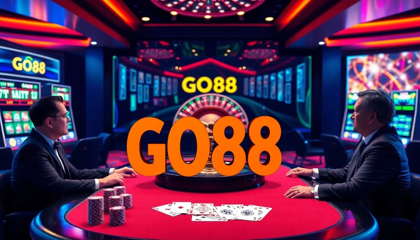 Engaging gamblers at a GO88 slot machine with vibrant colors and polished poker tables.
