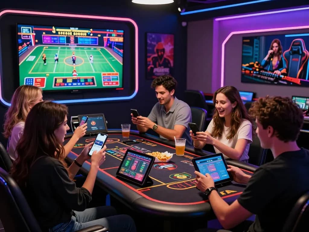 Engaging online gaming scene showcasing ligasedayu with friends enjoying live casino games and smartphones.