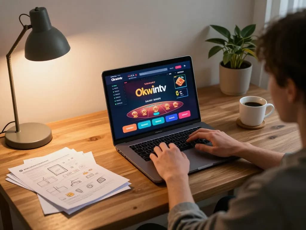 Player using Okwintv to enjoy online gambling from home, with a cozy atmosphere and strategic setup