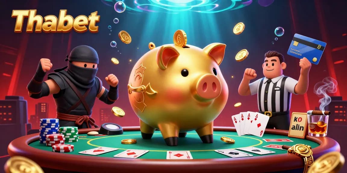 Engage with Thabet's vibrant casino scene featuring a golden piggy bank sumo wrestler and epic poker action.