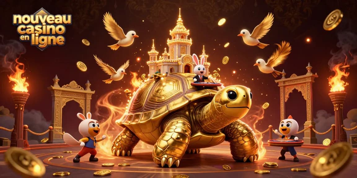 Nouveau casino en ligne avec un tapis de pièces d'or et un dealer aux cartes sur une tortue géante.