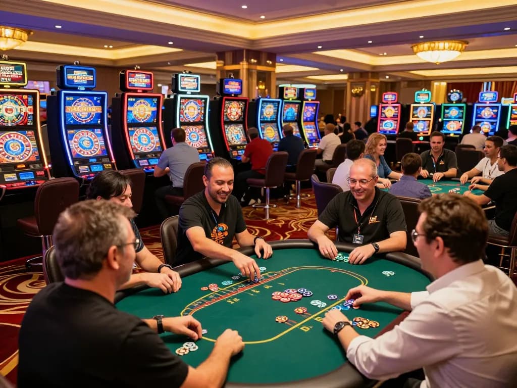 Players engaging with vibrant slot machines and roulette tables at mb88 casino gaming venue