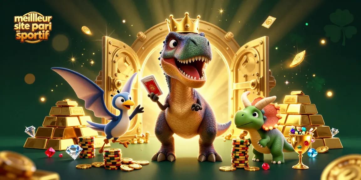 Illustration dynamique d'un T-Rex couronné, assistant à des paris sportifs sur le meilleur site de pari sportif.