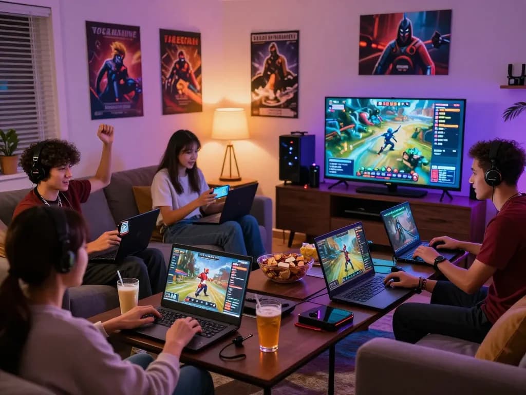 Friends enjoying vegasslot77 online gaming in a lively living room with snacks and bright LED lights.