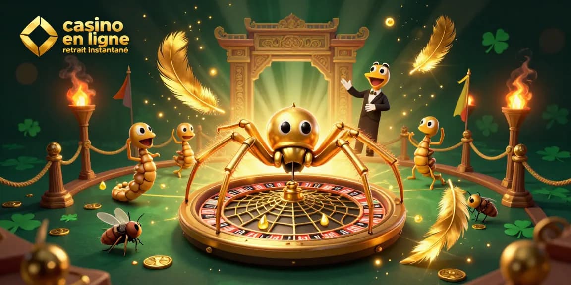 Visuel captivant d'un casino en ligne retrait instantané avec une araignée dorée et un croupier centipède.