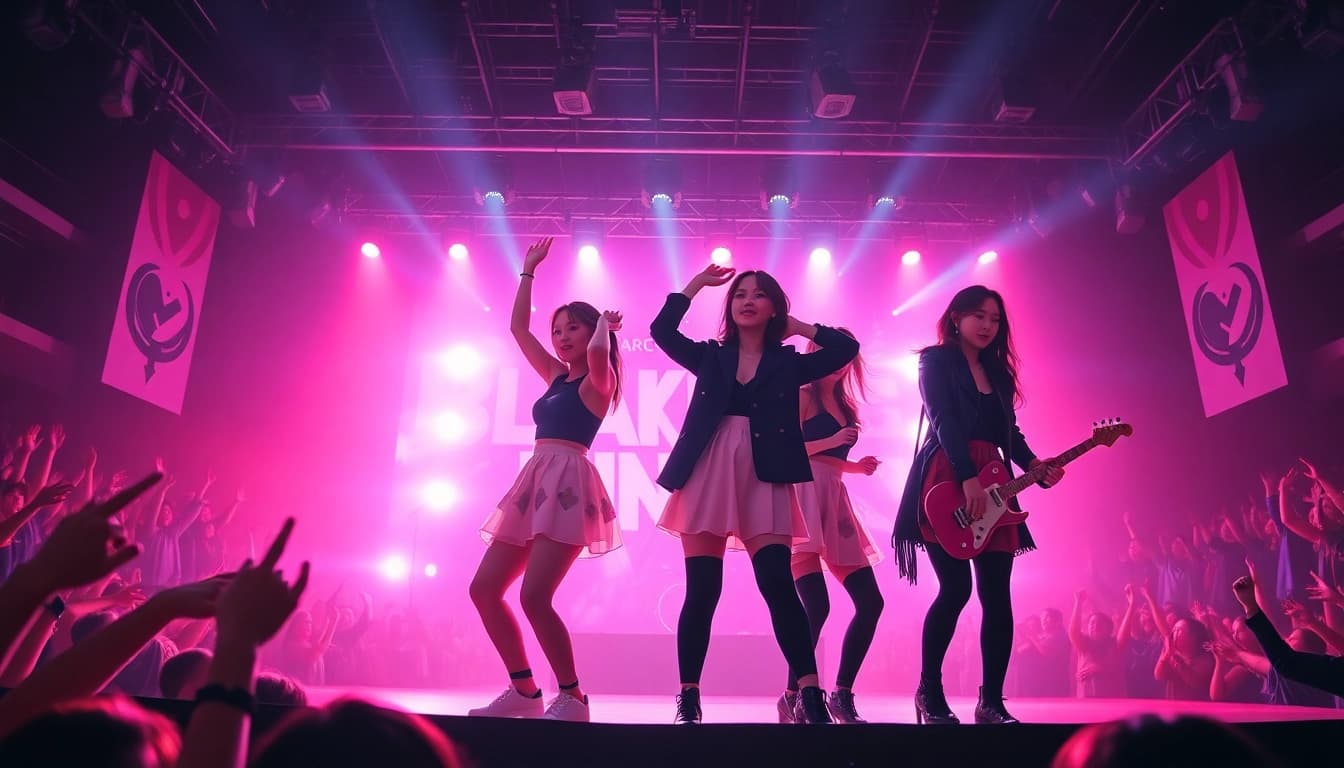 Captivating Blackpink news concert scene with members on stage and vibrant crowd.