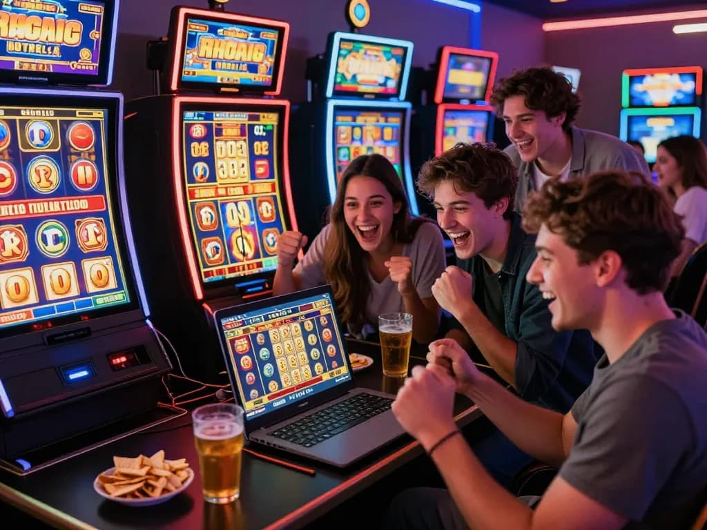 Players enjoying link gacor slot games in a lively gaming room, showcasing excitement and camaraderie.