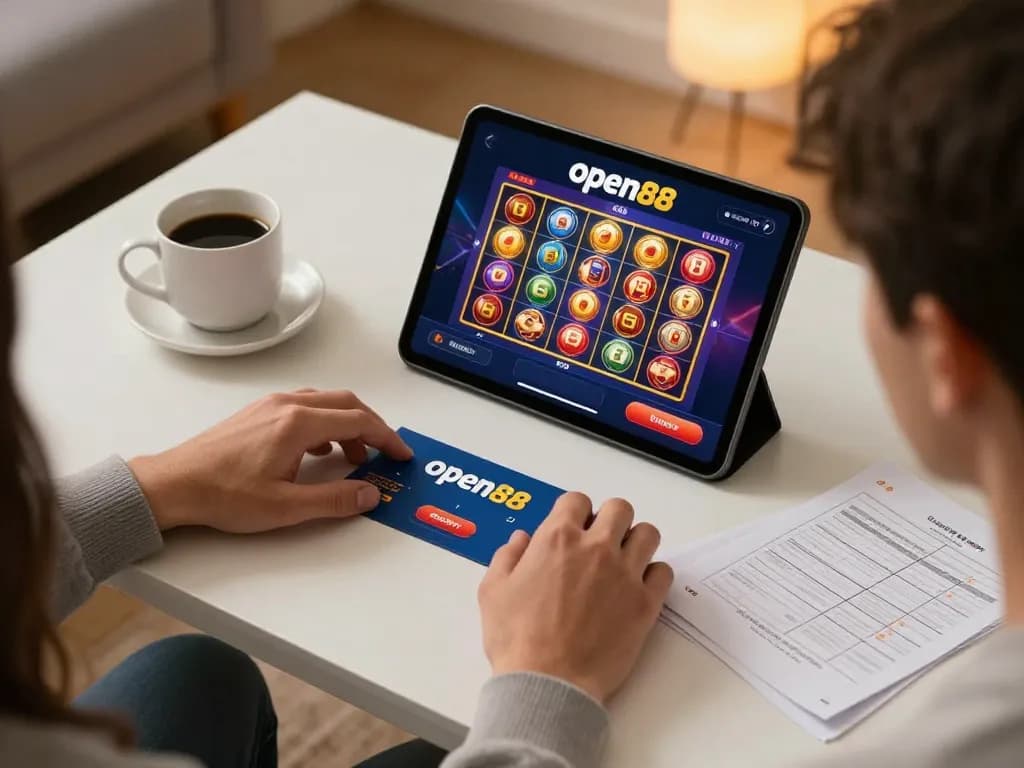 Engaging online gaming moment on open88 platform with vibrant slots, showcasing responsible gambling