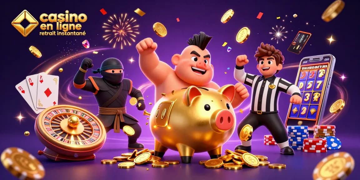 Retrouvez l'excitation du casino en ligne retrait instantané, avec des personnages animés entourés de pièces d'or et d'éléments de jeu divers.