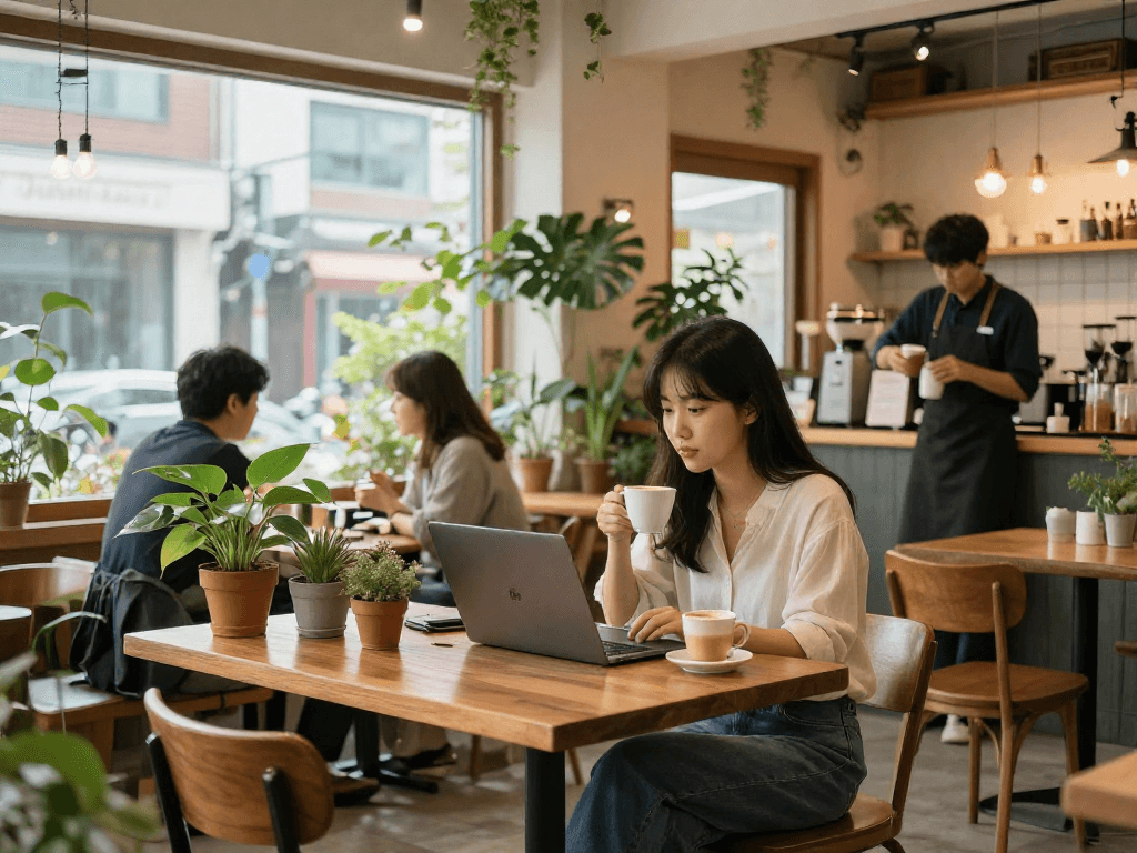 강남쩜오의 아늑한 카페에서 여유롭게 커피를 즐기는 모습