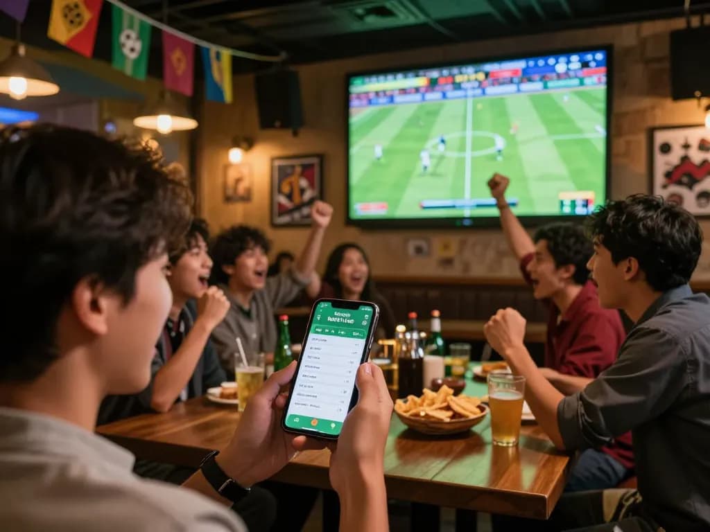 Engaging sports betting scene with keo nha cai app on a smartphone, showing odds while friends celebrate a live game.