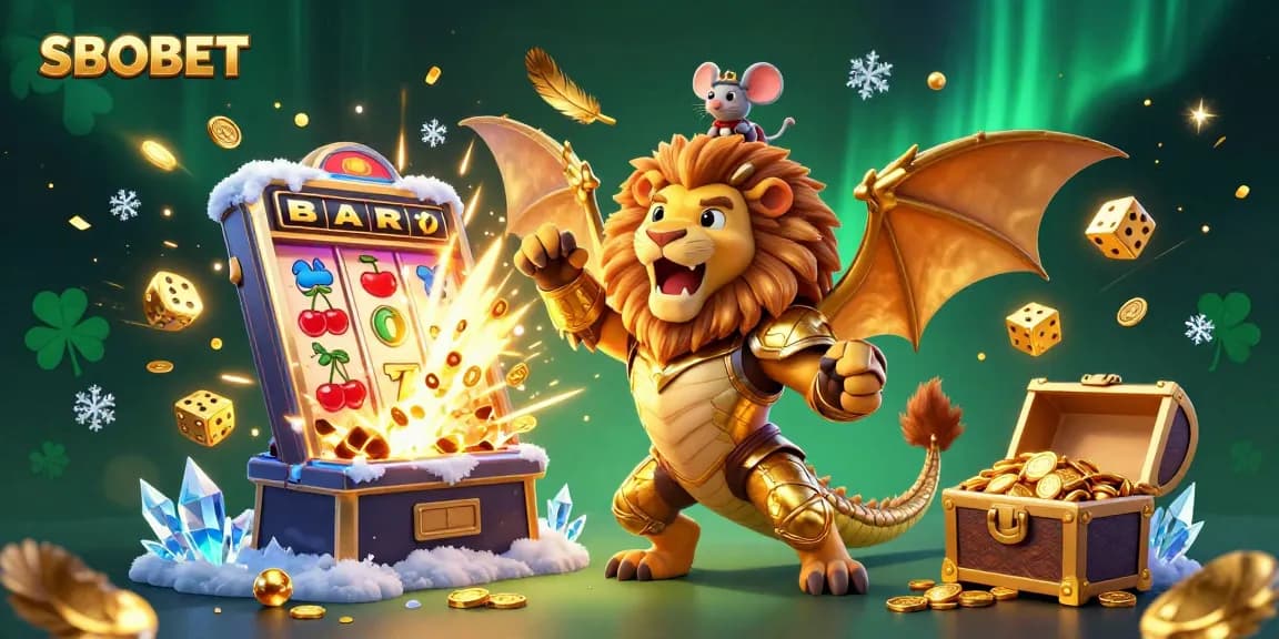 SBOBET features a dynamic 3D illustration with a roaring chimera and a lucky jackpot explosion, encapsulating the thrill of online betting.