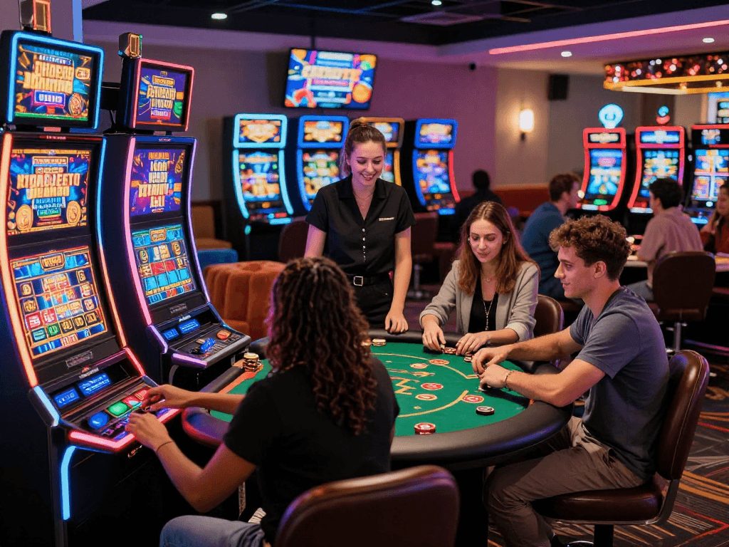 Engaging scene at USA online casinos, showcasing diverse players enjoying interactive games in a vibrant casino atmosphere.